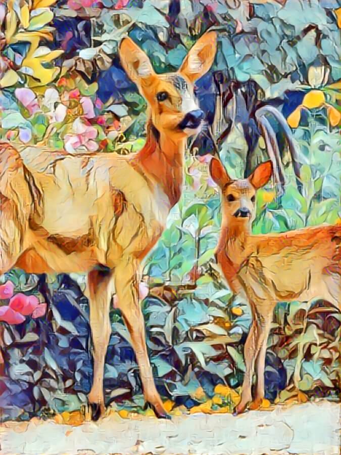 AI generated art using style transfer. Deer photo to painting. Two deer are standing in front of some flowers.