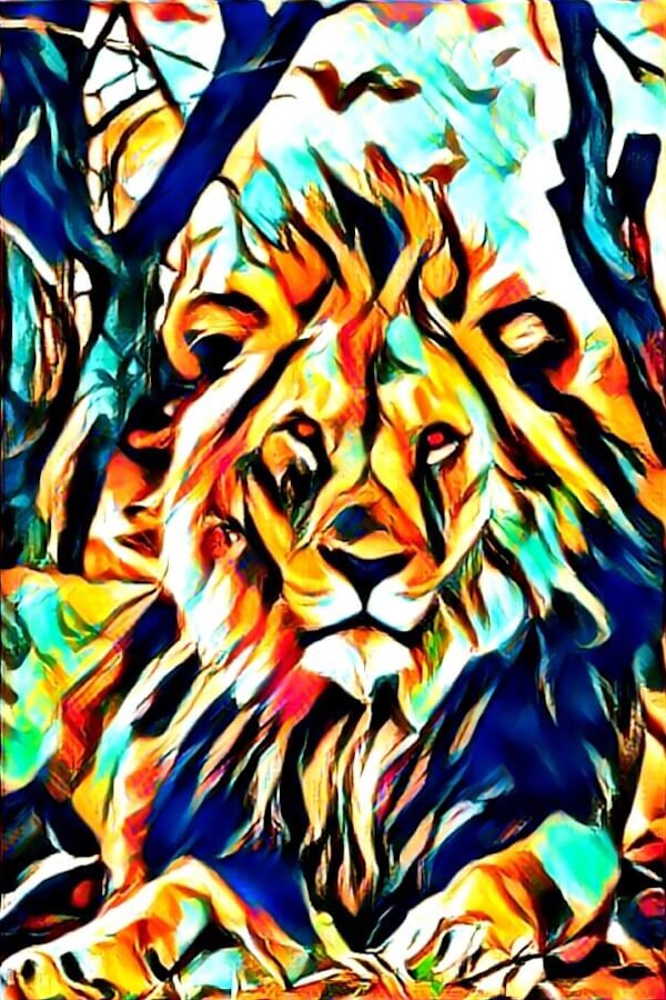 Used AI style transfer to convert a picture of a lion into an abstract painting. You can see a lion laying down between two trees but it is an unrealistic artistic copy.