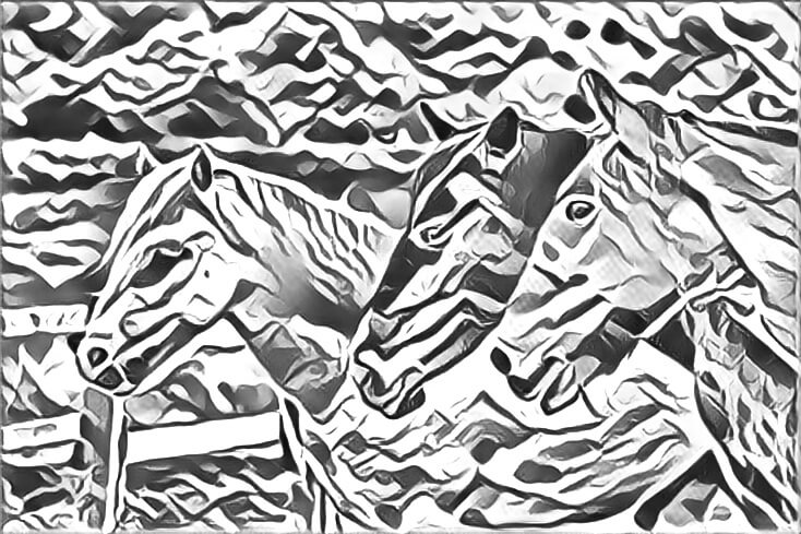 Grayscale drawing of three horses standing together.