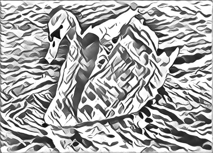 Photo of adult swan in water turned into an abstract drawing.