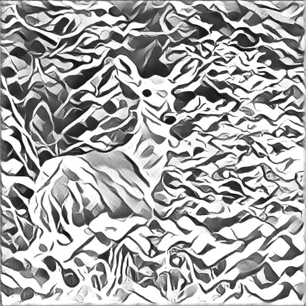 Photo of a deer in the woods turned into an abstract drawing.