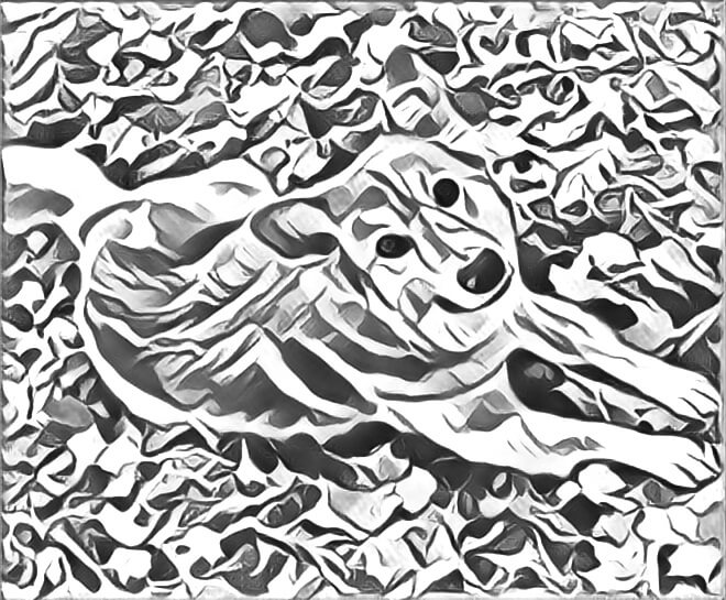 My dog laying in leaves. Turn the photo into an abstract drawing.