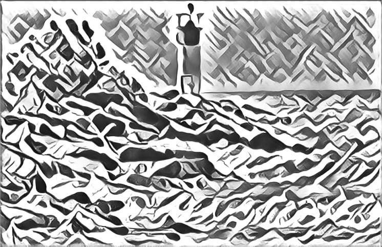 Drawing of a small lighthouse with waves pounding against the rocky shore.