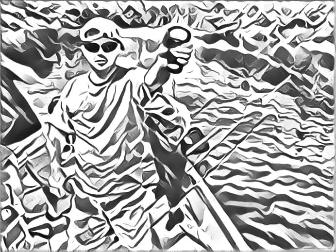 Drawing of a person in a fishing boat holding a bass.