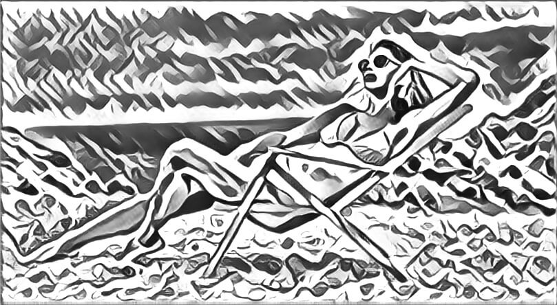 Picture of a woman sunbathing at the beach, turned into a drawing.