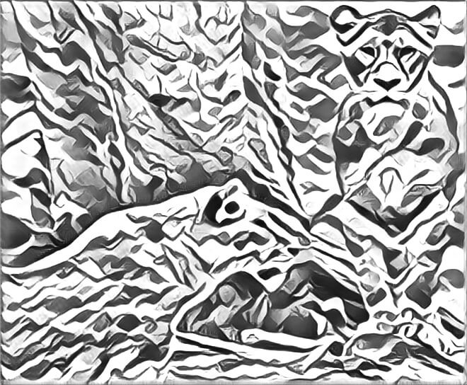 Abstract drawing of two lions in front of a tree.