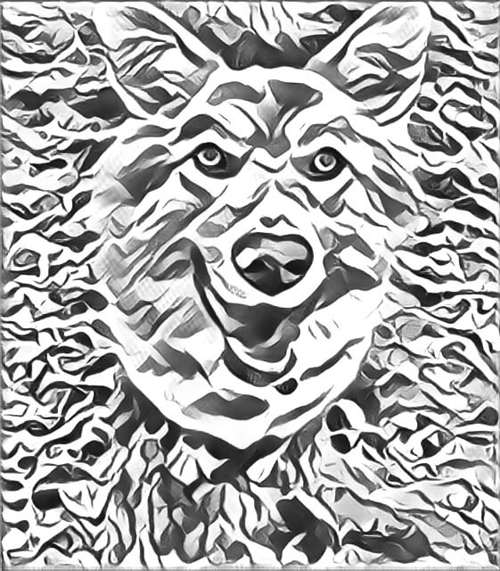 An abstract drawing of my dog standing on a log with his mouth open.