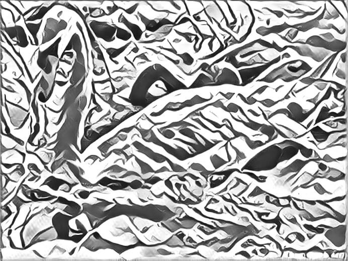 Abstract drawing of a swan in water surrounded by lilly pads.