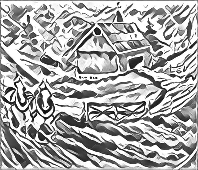 A farm with horses in front of a barn. Converted an old painting into a drawing.
