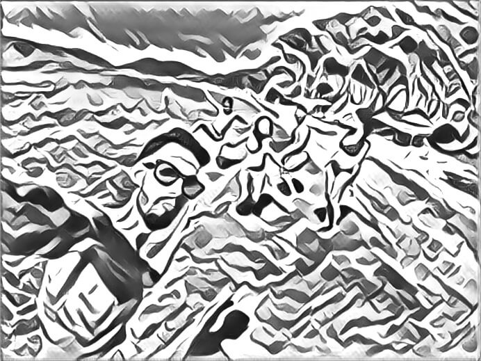 A group selfie at the beach, turned into an abstract drawing.