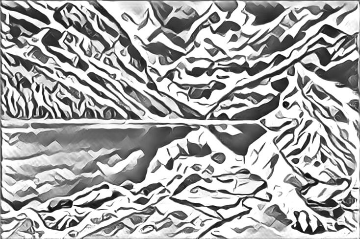 Drawing of a white wolf lying down with beautiful mountains in the background.