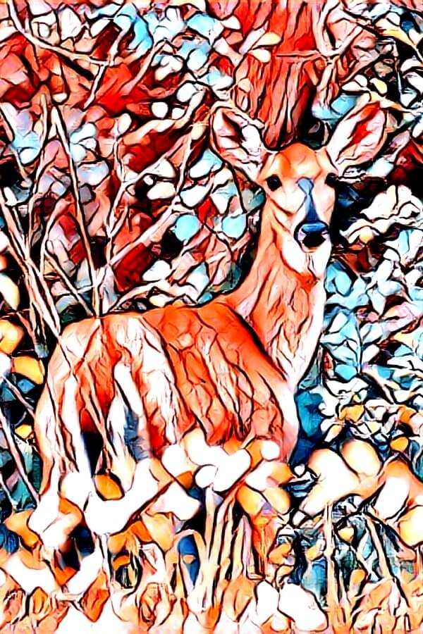 Abstract realism AI art, deer photo to painting using style transfer. Combined a photo I took of a deer standing in front of some trees with the style of another picture.
