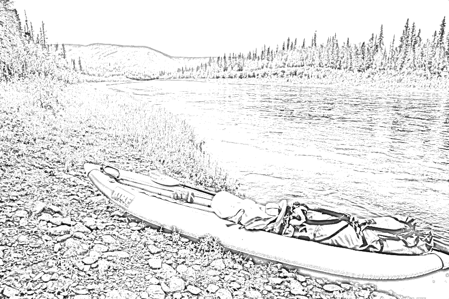 Sketch of a scenic view with a kayak, from a photograph.