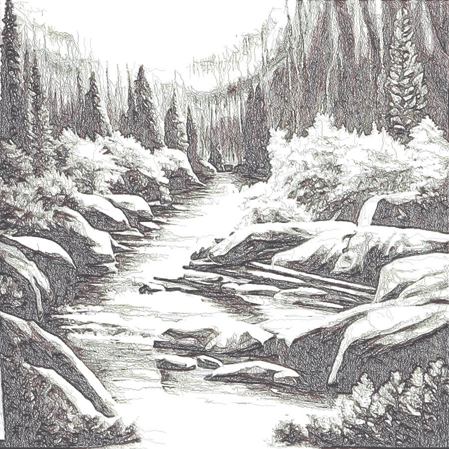 Sketch of a stream sourounded by trees.