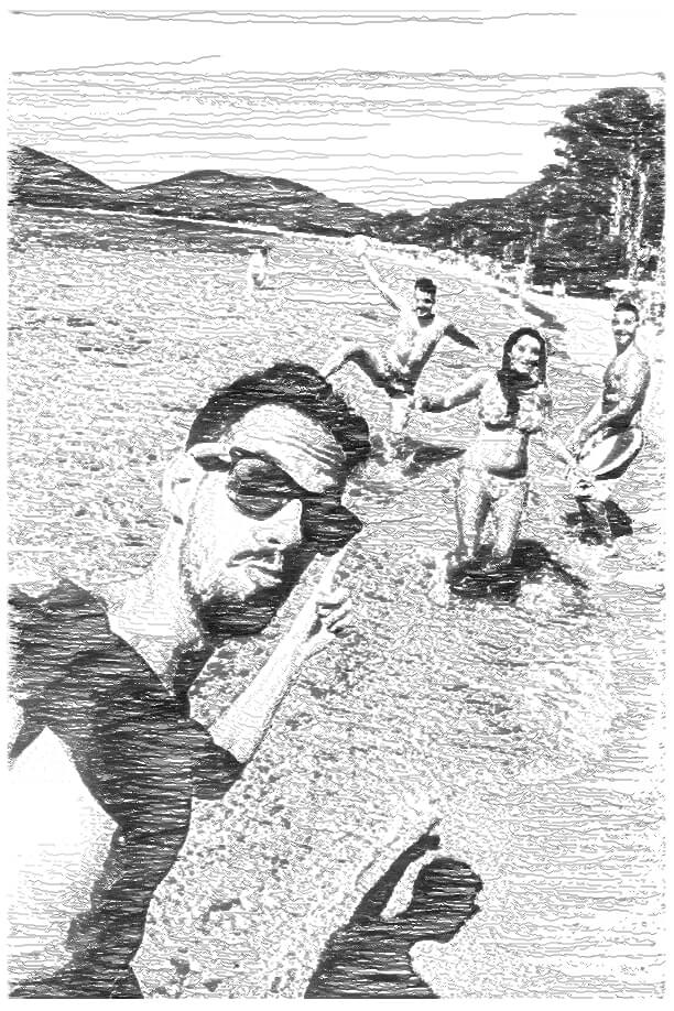 Sketch of group at the beach. Visible horizontal lines.