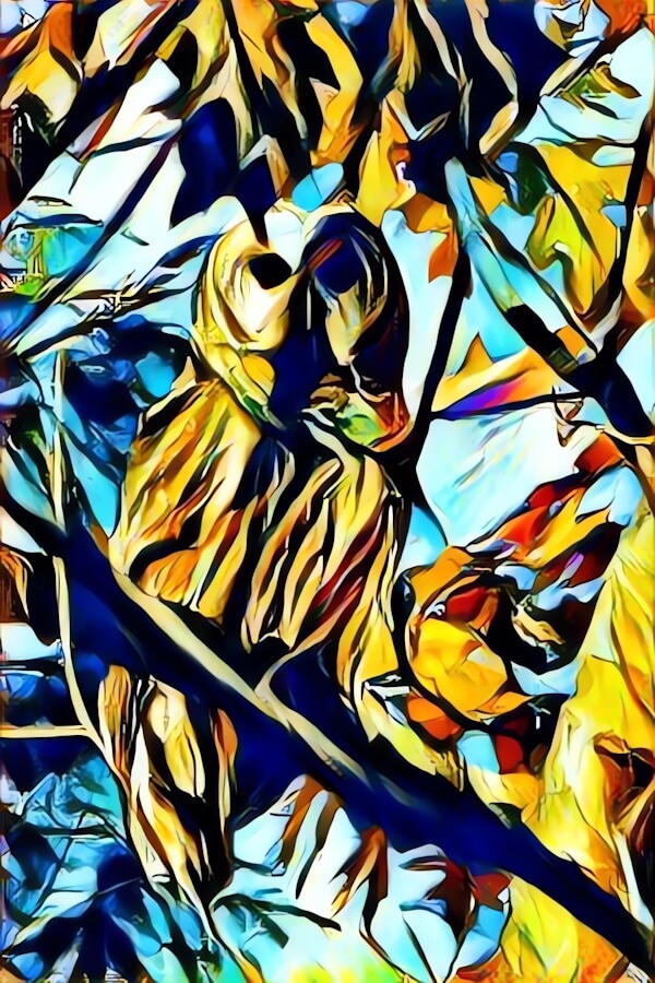 Owl picture to painting. Abstract art from a photo using style transfer. Patterns and colors from the style picture were added to the subject image.