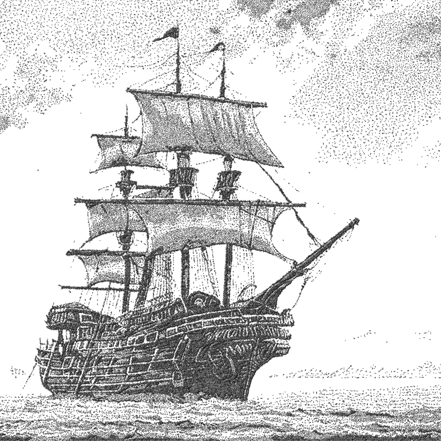 Dot drawing of an old pirate ship.