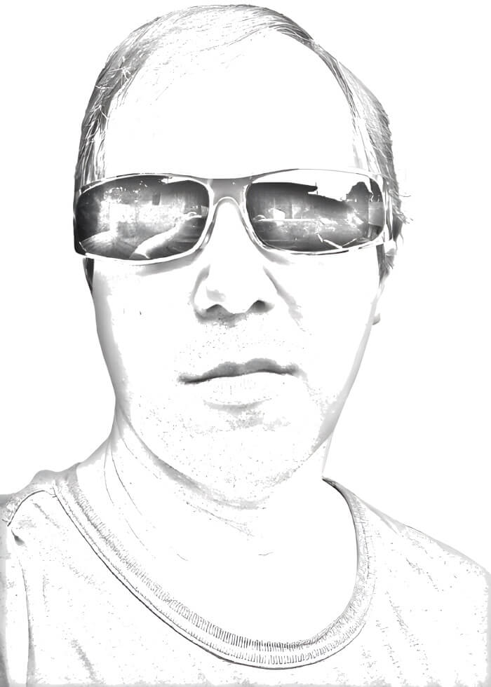 Photo of me wearing sunglasses, turned into a sketch using an outline drawing filter.