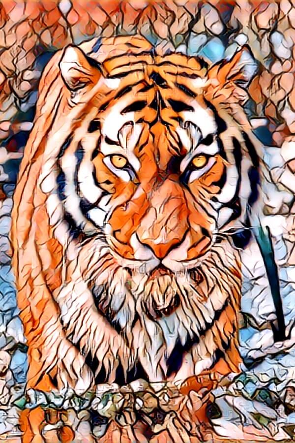 Semi-abstract painting of a tiger standing in water, in the style of a stained glass window. AI style transfer.