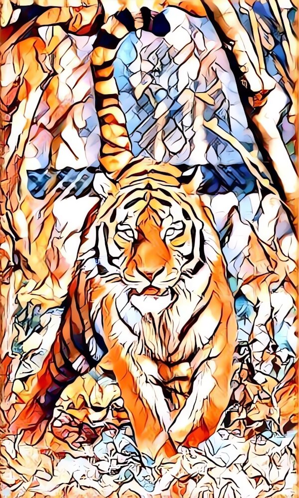 Tiger painting. Transformed a photo of a tiger with its tail raised into digital art. The abstract lines reduce the realism making it more artistic.