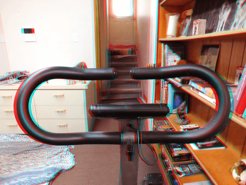 Amazing 3D photo effect. A creative experiment, turning 2D photos of my exercise bike's handle bars into a 3D image. The handle bars protrude from the screen when viewed with 3D glasses.