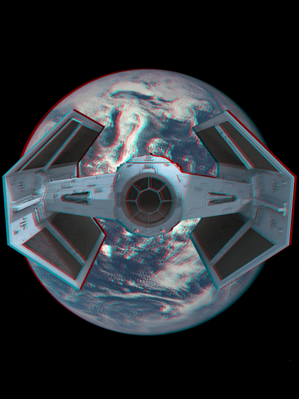 Experimenting with 3D effects, layered photo of tie fighter onto image of earth from space. The tie fighter appears to be closer to you.